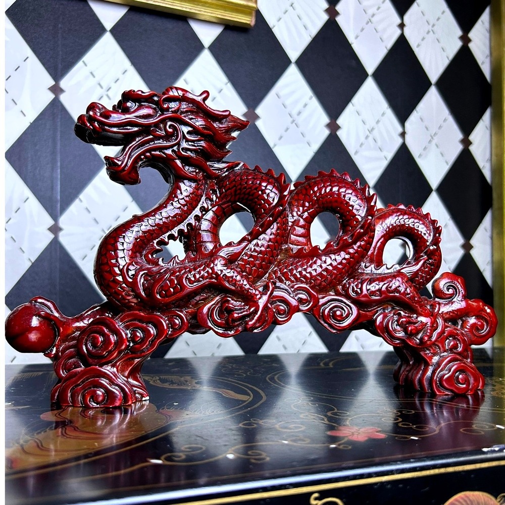 Regal Red Dragon Figurine Asian Style Oxblood Finish Decorative Sculpture 12"
